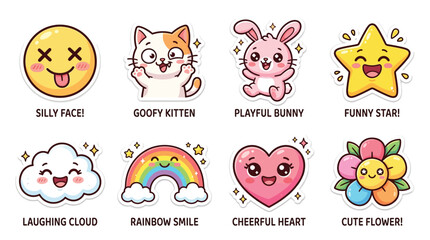 Collection of cute and colorful cartoon stickers including a silly face, kitten, bunny, star, cloud, rainbow, heart, and flower. © Bachri