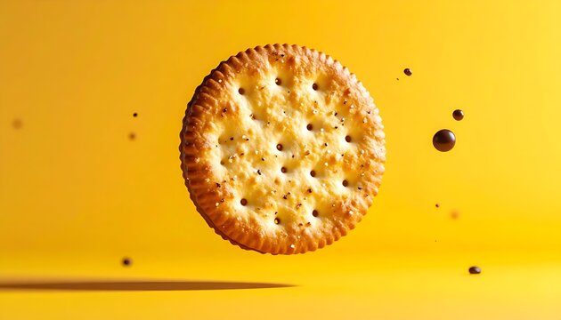 A single, round cracker hovers against a bright yellow background, with dark droplets