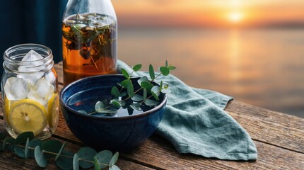 Obraz premium Eucalyptus herbal infusion spa treatment with lemon ice water on wooden table at sunset for wellness relaxation and holistic health concept