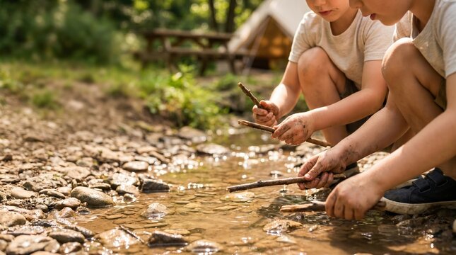 Two young boys playing with sticks in a shallow forest stream near a campsite, exploring nature and enjoying outdoor summer activities