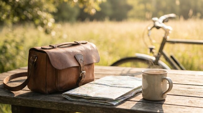 Vintage leather satchel bag with paper map and coffee mug on wooden table for travel planning and weekend adventure preparation