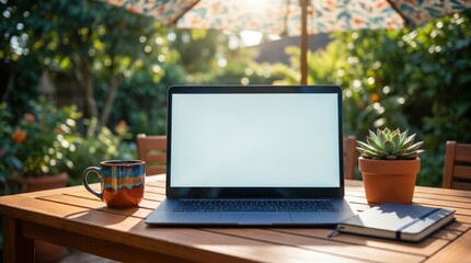 Fototapeta premium Laptop with Blank Screen on Wooden Table in Garden Patio for Remote Work Concept and Digital Nomad Lifestyle Setup
