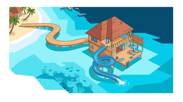 Aerial view of overwater bungalow with spiral waterslide.