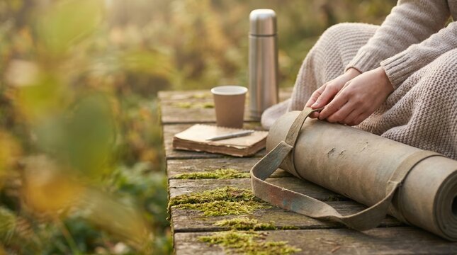Young woman sitting on wooden dock in forest with yoga mat and thermos for mindfulness meditation and outdoor wellness practice