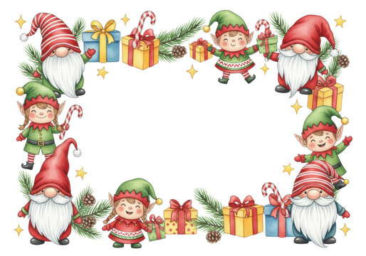 whimsical watercolor illustration of scandinavian tomte and elves in red and green folk costumes forming a festive border around clean copy space on white background, scandinavian christmas spirit