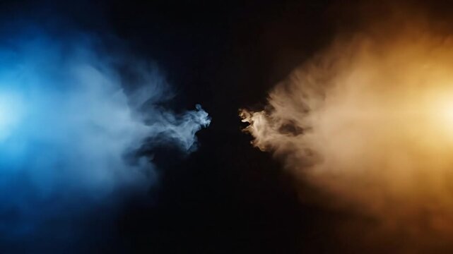 Blue and orange smoke colliding in dark background