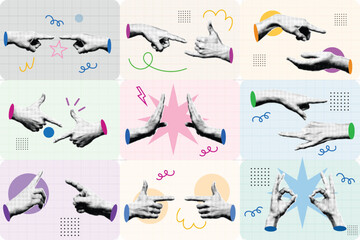 Obraz premium Nine Hand Gesture Set Halftone Collage with Pointing Thumbs Up and OK Sign on Colorful Backgrounds