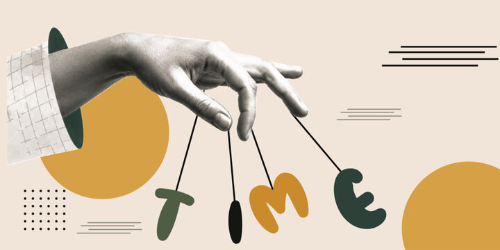Hand Dangling Time Letters on Strings Halftone Collage Time Control Concept on Beige Background