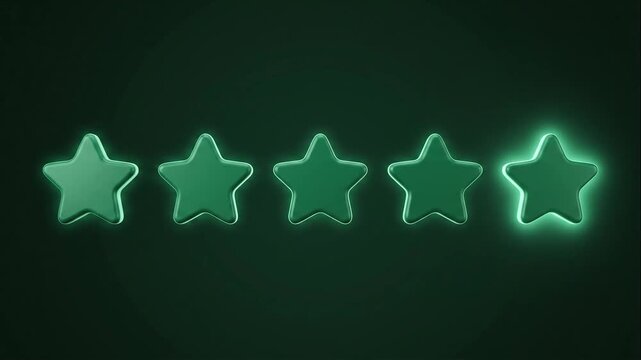 Five stars rating animation with glowing emerald green light effect on dark background, professional customer feedback and success evaluation concept.