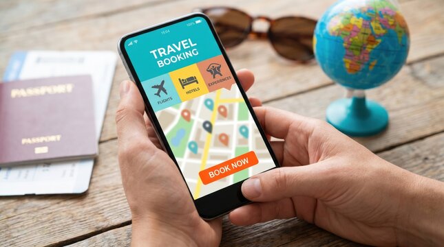 Caucasian man using travel booking app on smartphone for vacation planning with passport and globe on wooden table
