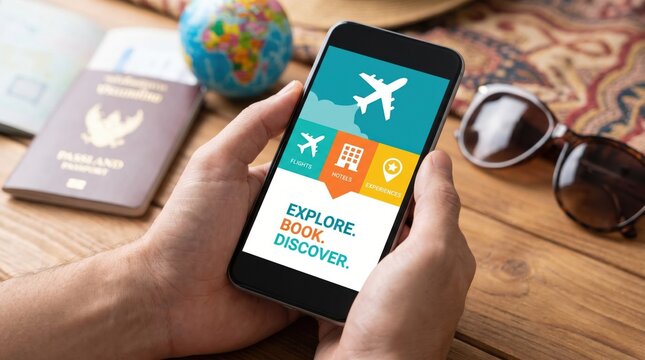 Young adult male holding smartphone with travel booking app interface for vacation planning and flight reservation on wooden table