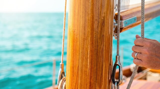 Close up of a Caucasian man hand holding a rope on a classic wooden sailboat mast while sailing on the turquoise ocean water