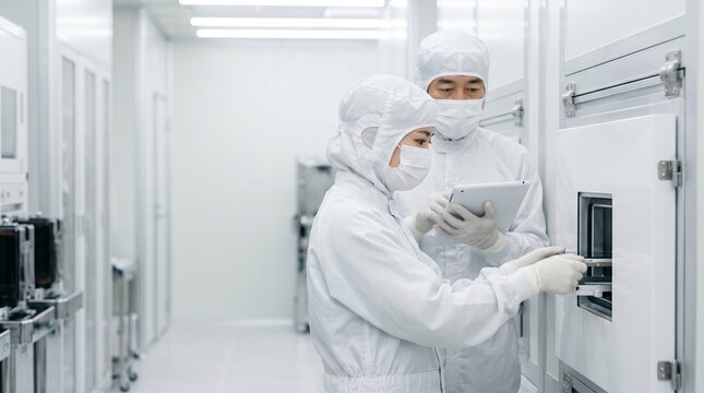 クリーンルーム内でタブレットを見ながら半導体製造装置のOJT研修を受ける新卒の若手女性と先輩男性