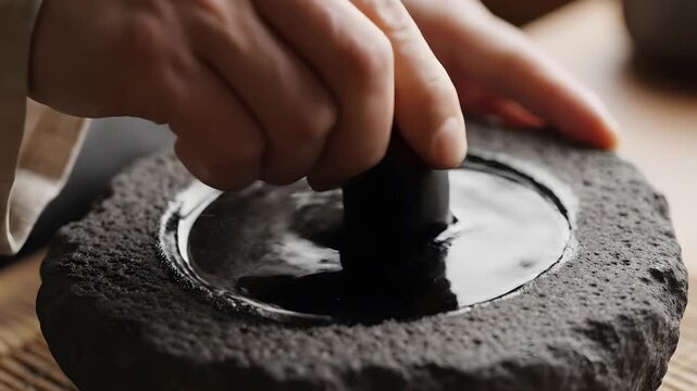 Close up of hands grinding black ink with a solid inkstick on a traditional stone palette for calligraphy