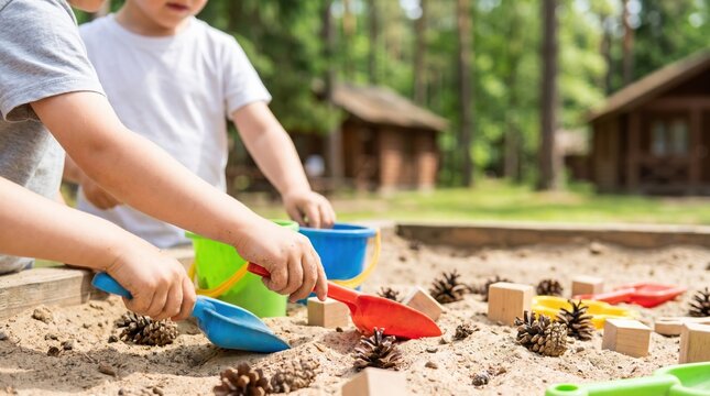 Two young children playing with plastic shovels and buckets in a sandbox at a summer camp, creative outdoor sensory play activity