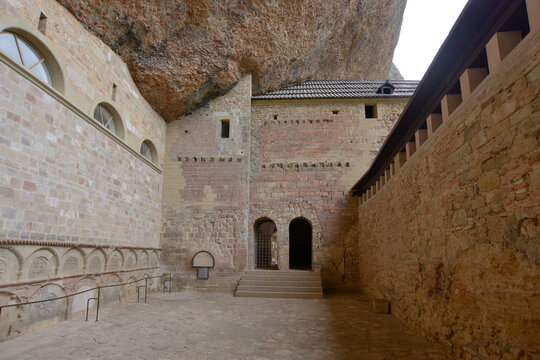 Monastery Courtyard Under Rocky Overhang, Huesca Spain