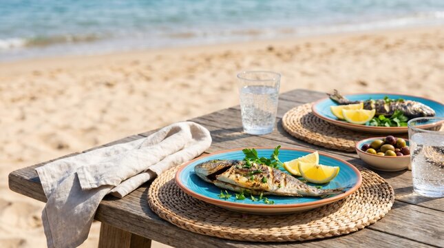 Grilled Sea Bream Fish Served on Blue Plates with Lemon and Olives on a Rustic Wooden Table at a Sunny Beachside Restaurant