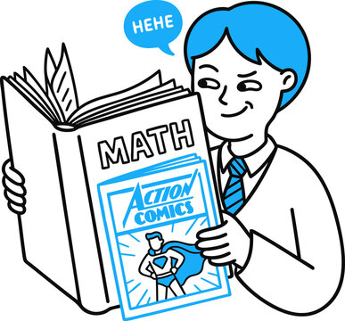 A student hiding a comic book inside a math textbook, smiling mischievously vector illustration of a boy secretly reading comics in class, isolated on white background