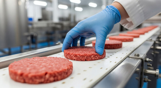 Raw meat patties moving on a factory conveyor belt being handled by a worker wearing blue protective rubber gloves