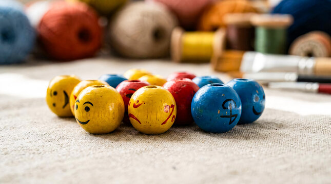 A close-up shot of colorful wooden beads with various facial expressions, surrounded by crafting supplies.