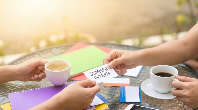 Young adult woman handing a summer intern business card to a colleague during a casual coffee meeting at an outdoor cafe table