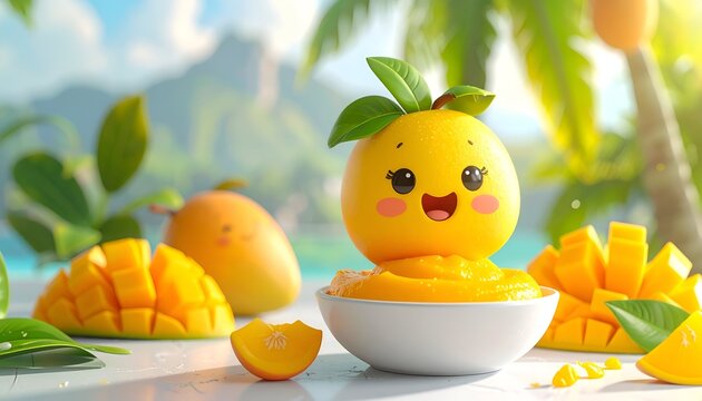 Cheerful mango character with a bowl of mango puree, fruit slices, and beach background