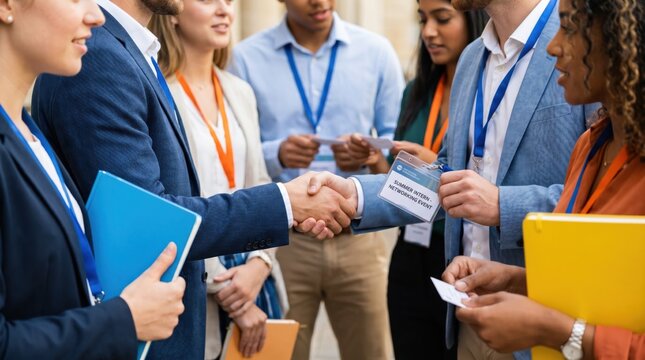 Diverse Young Professionals Shaking Hands at Corporate Networking Event for Interns and Students Building Career Connections and Professional Relationships