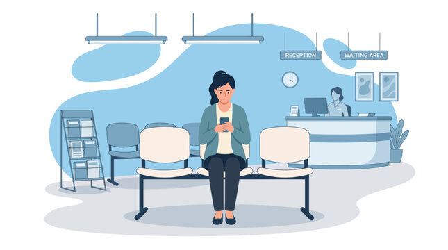 Frustrated woman sitting in a reception waiting area using smartphone