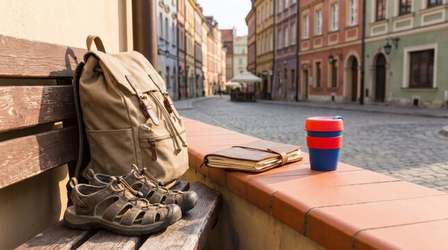 Solo traveler gear on a wooden bench in a historic European old town street, concept of urban exploration, travel planning, and nomadic lifestyle