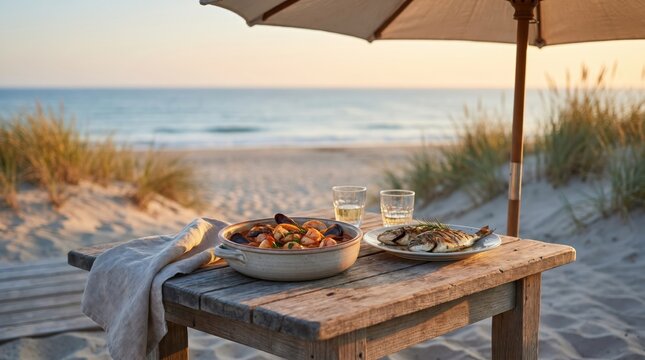 Romantic beach dinner with seafood and wine at sunset, rustic table setting on sand dunes, coastal lifestyle dining experience for couples