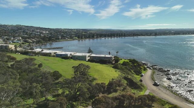 Encounter Bay, South Australia - 4K Aerial Drone Footage of Rocky Shoreline, Oceanfront Homes, Coastal Reserve, Walking Trails near Victor Harbor