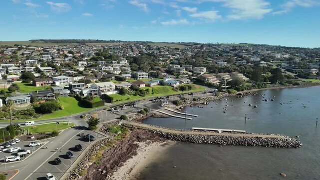 Encounter Bay, South Australia - 4K Aerial Drone Footage of Rocky Shoreline, Oceanfront Homes, Coastal Reserve, Walking Trails, boat ramp and marina near Victor Harbor and Rosetta Head