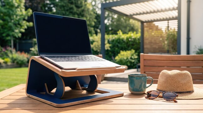 Modern Laptop Stand on Outdoor Wooden Table for Remote Work Setup in Garden Setting Representing Digital Nomad Lifestyle and Productivity