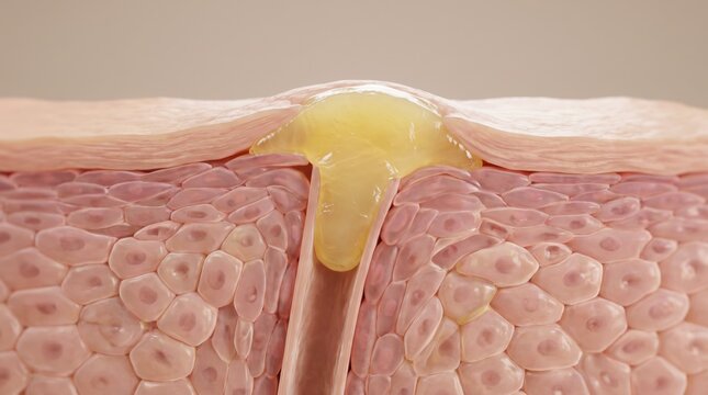 A close-up 3D render illustrating a human skin pore clogged with excess yellow sebum and bacteria.