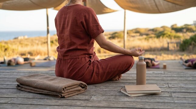 Woman meditating in lotus pose on wooden deck at outdoor yoga retreat, mindful wellness practice with water bottle and journal, serene nature background