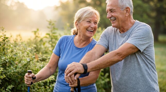 Happy senior couple hiking with trekking poles in nature park, active elderly man and woman enjoying outdoor fitness and healthy lifestyle