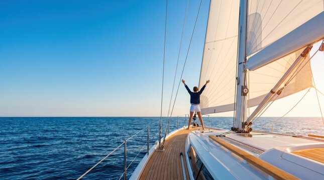 Young woman standing on sailboat deck with arms raised enjoying freedom and ocean view during sunset travel vacation