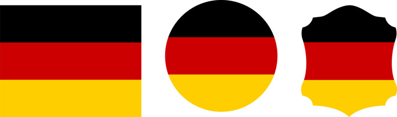Obraz premium German flag vector icons set in rectangle circle and badge shapes, official national colors of Germany graphic design assets, corporate identity country emblem elements
