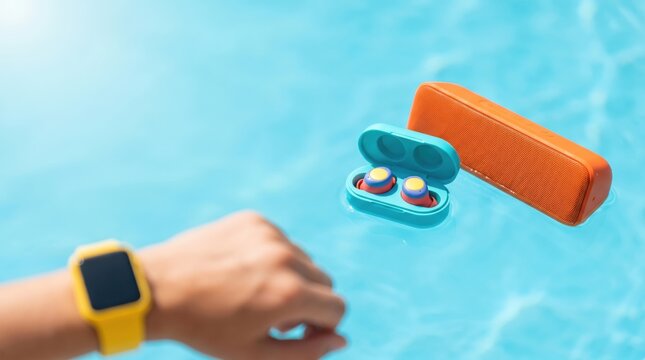 Waterproof Wireless Audio Gadgets Floating in Swimming Pool with Smartwatch Wearable Technology for Summer Vacation Lifestyle Concept