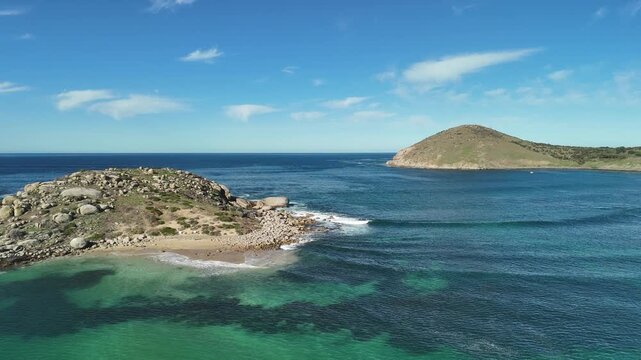 Wright Island, Encounter Bay, South Australia &ndash; 4K aerial drone footage of remote island, turquoise waters, rocky shoreline, rosetta head and pristine coastal landscape near Victor Harbor