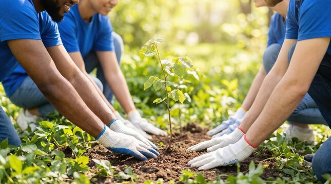 Diverse group of young adult volunteers planting a small tree sapling in soil for environmental conservation and reforestation project