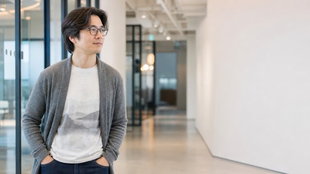 Generative AI, Young Asian male standing thoughtfully in modern office corridor