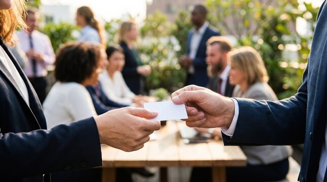 Professional business people exchanging a blank white business card at an outdoor corporate networking event for career development