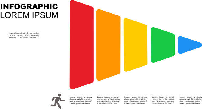 Horizontal business funnel infographic template with running man icon, multi stage marketing process presentation diagram, modern colorful linear sequence vector design