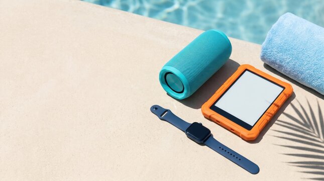 Summer vacation pool side essentials with wireless speaker tablet and smartwatch for relaxing holiday travel lifestyle concept