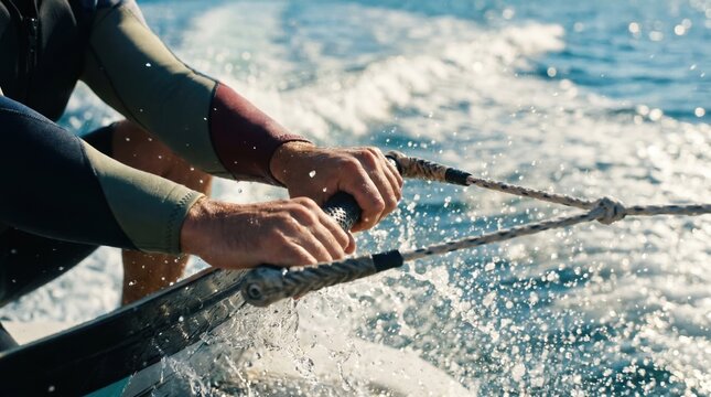 Close up of a fit young man hands holding a wakeboard handle while riding on water surface for extreme summer sports and active lifestyle
