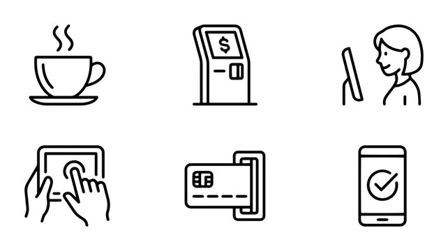 Financial Transaction Icons: Coffee, ATM, Payment, Mobile, Tablet, Credit Card, Woman at Computer