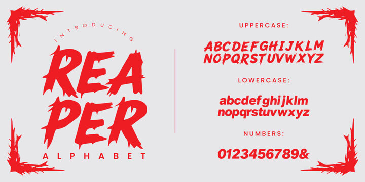 Reaper horror display font, aggressive brush textured typeface with sharp edgy corner design elements.