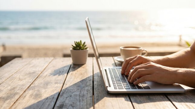 Digital Nomad Working on Laptop at Beachside Cafe Table with Coffee and Succulent Plant for Remote Work Lifestyle Concept