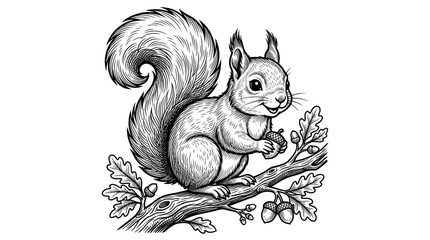 Cute squirrel sitting on oak branch with acorns line art © hejue